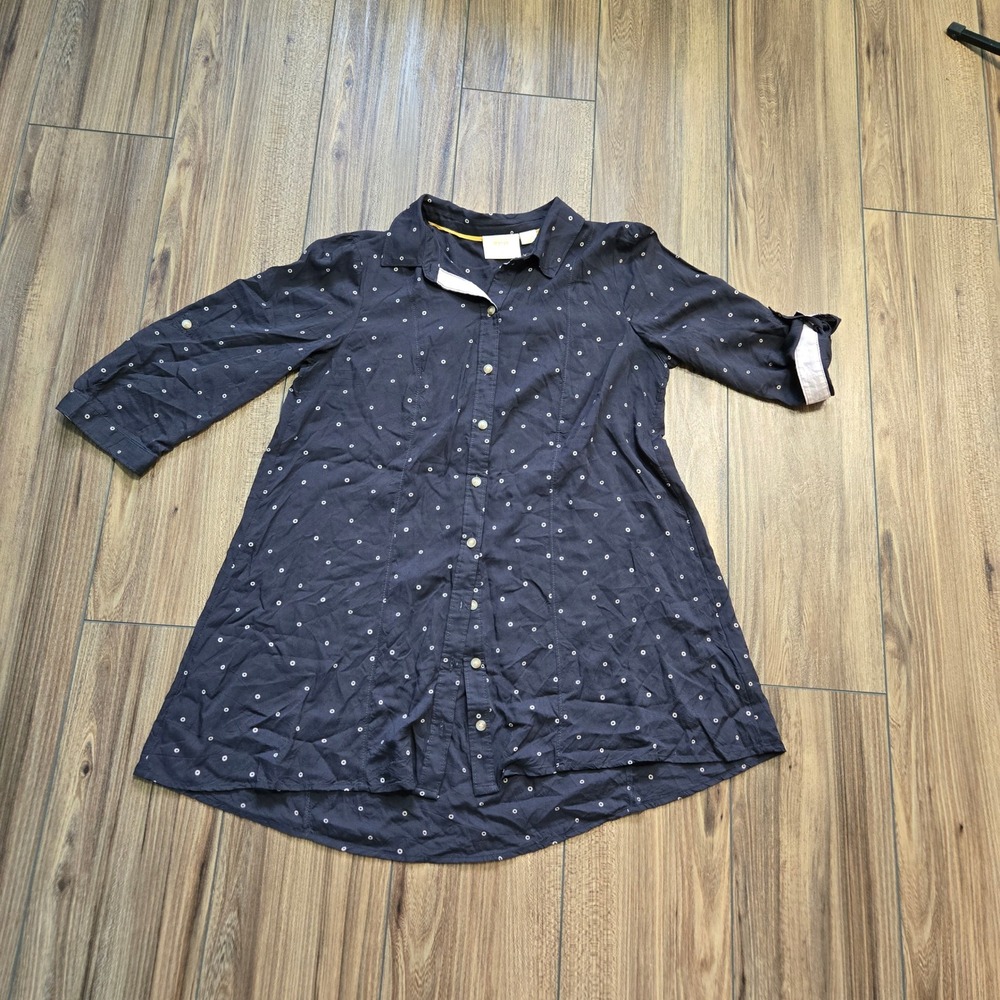 Maeve Anthropologie Navy Polka Dot Button Down Tunic Top Womens Medium Roll Tab - Picture 3 of 11